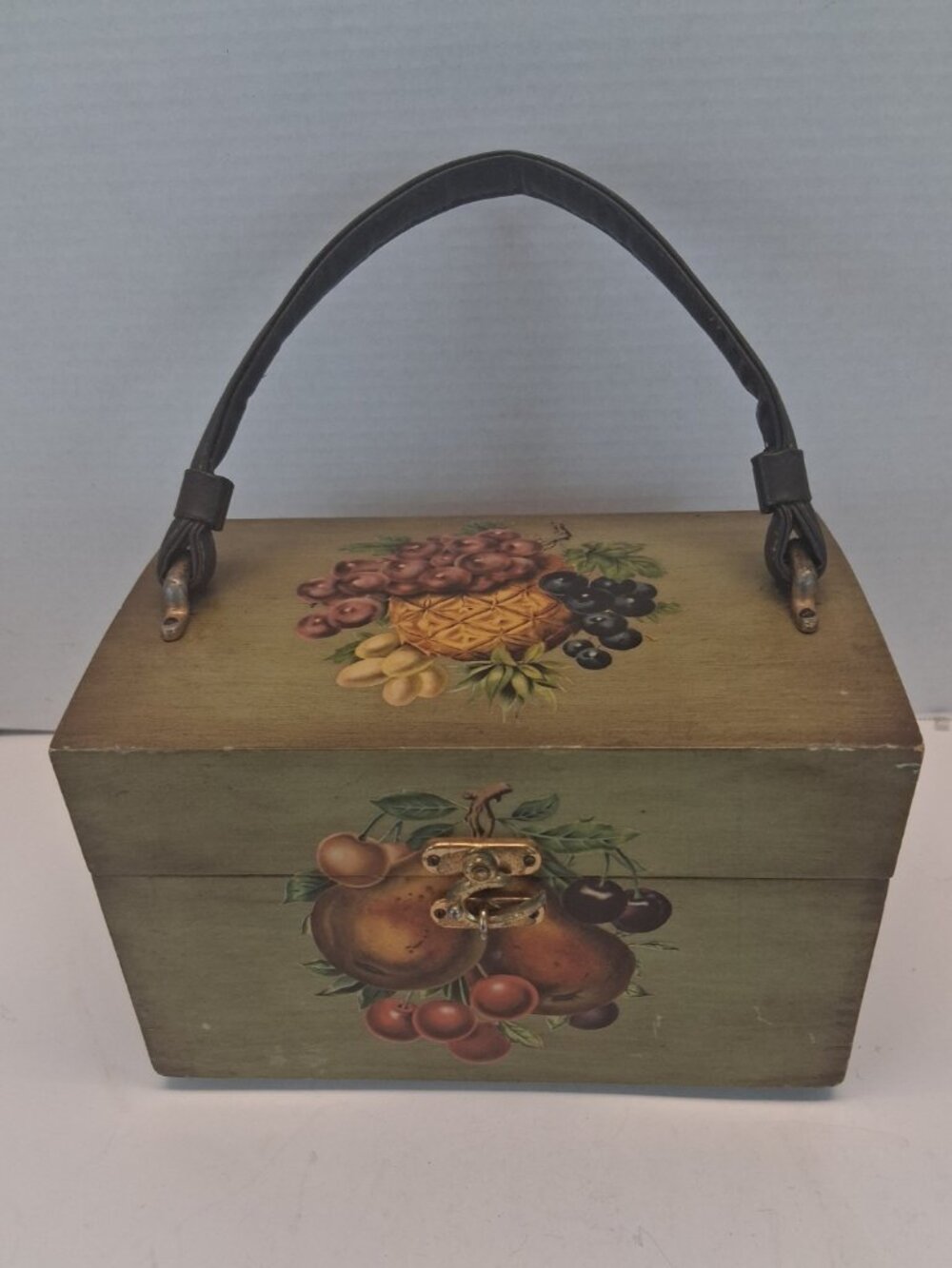 1971 Handmade Wood Box Handle Fruit Decals Green Paint Signed John H Barnes USA